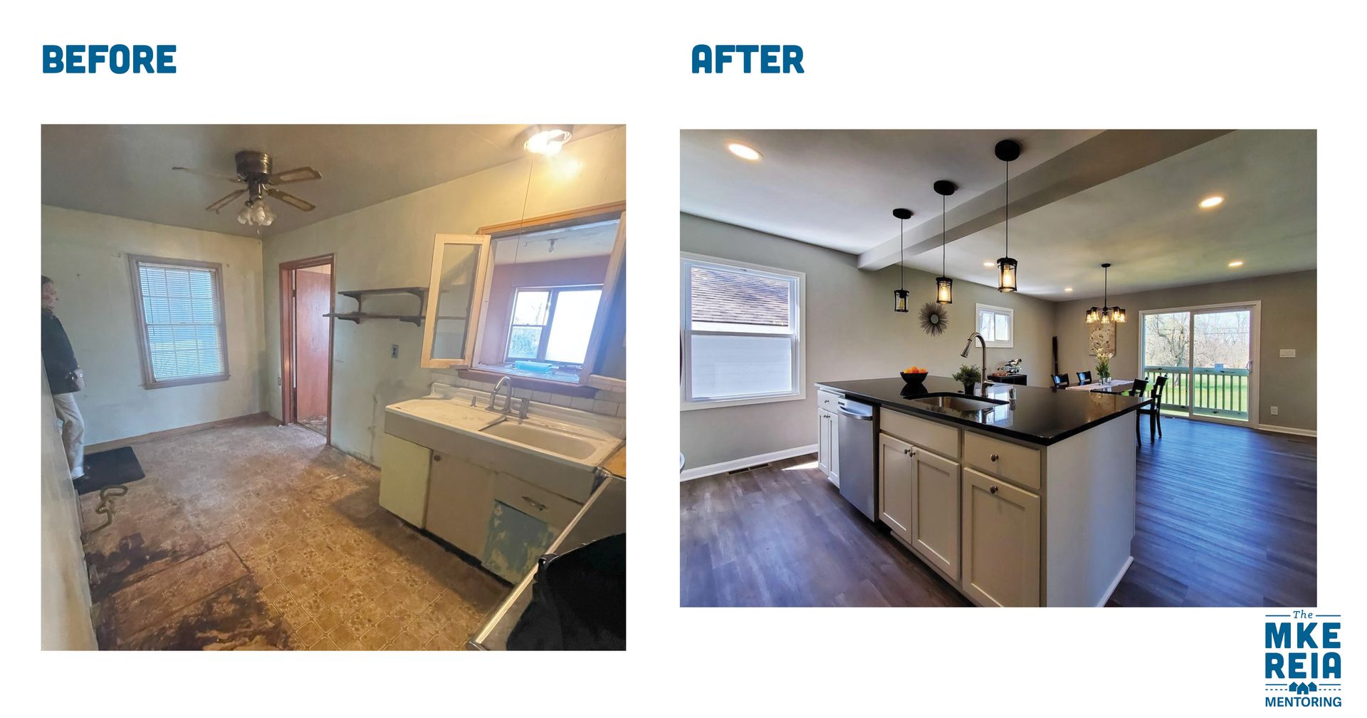 A before and after photo of a kitchen and living room.
