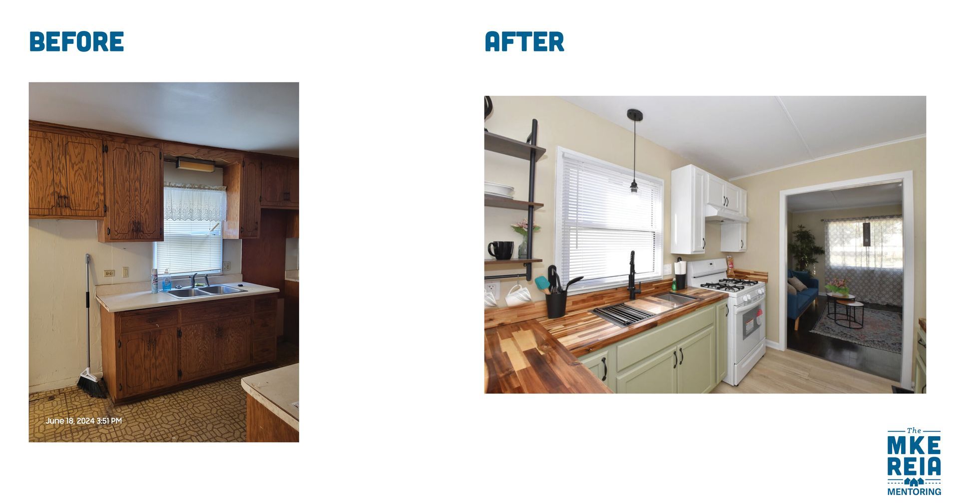 Before and after photos of a kitchen renovation