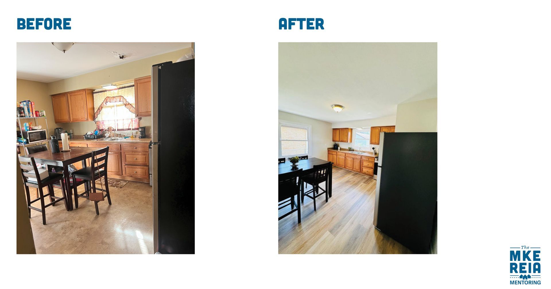 A before and after photo of a kitchen and dining room
