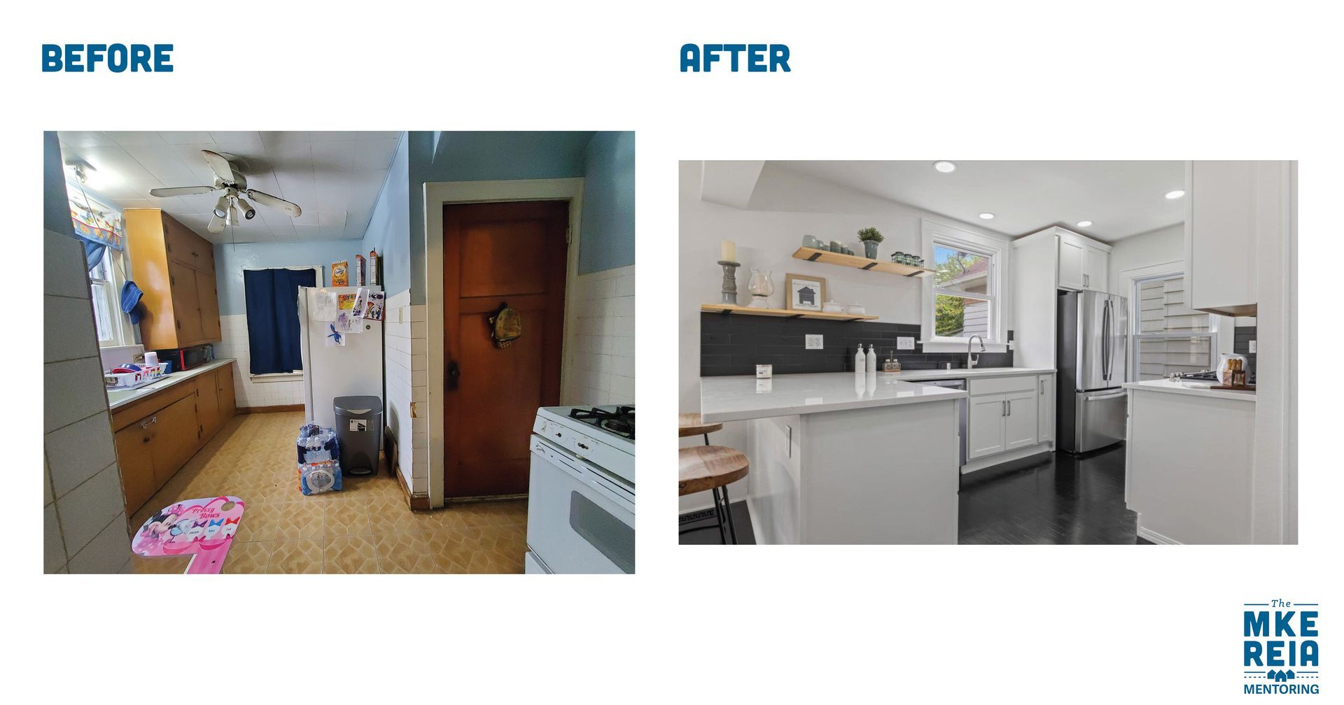 There is a before and after picture of a kitchen.