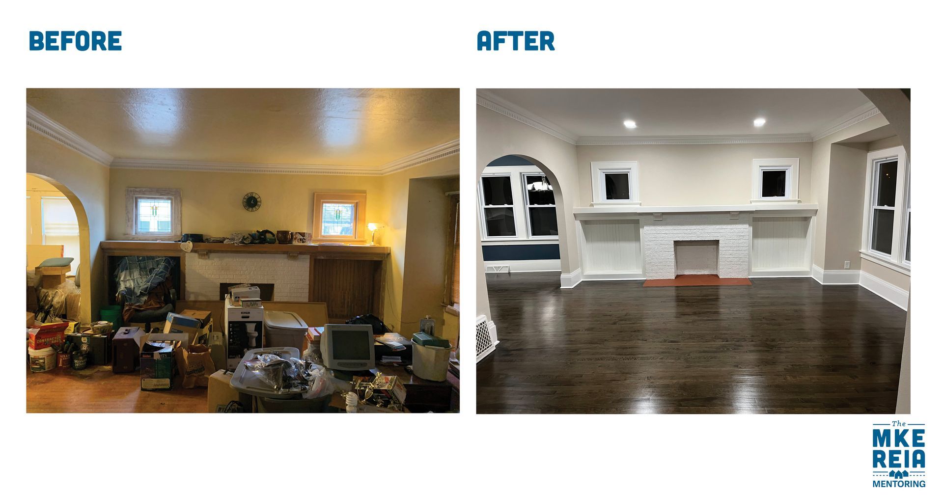 A before and after photo of a living room with a fireplace.