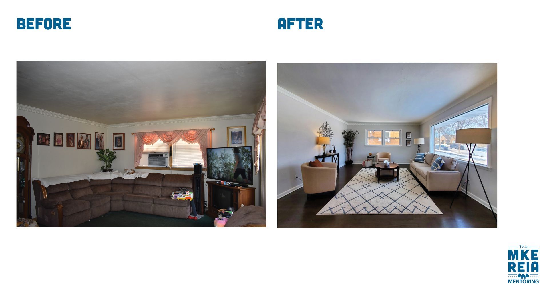A before and after photo of a living room