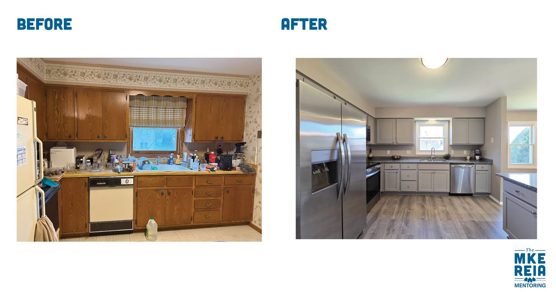 A before and after picture of a kitchen with wooden cabinets and stainless steel appliances.
