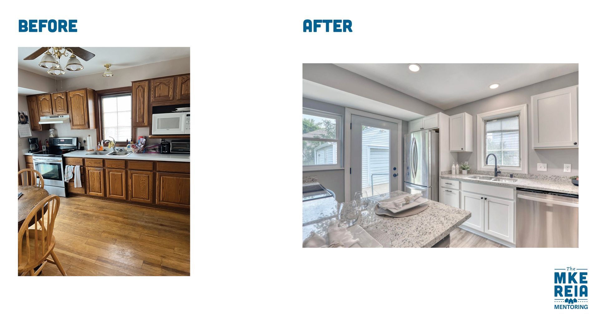 A before and after picture of a kitchen with wooden cabinets and white cabinets.