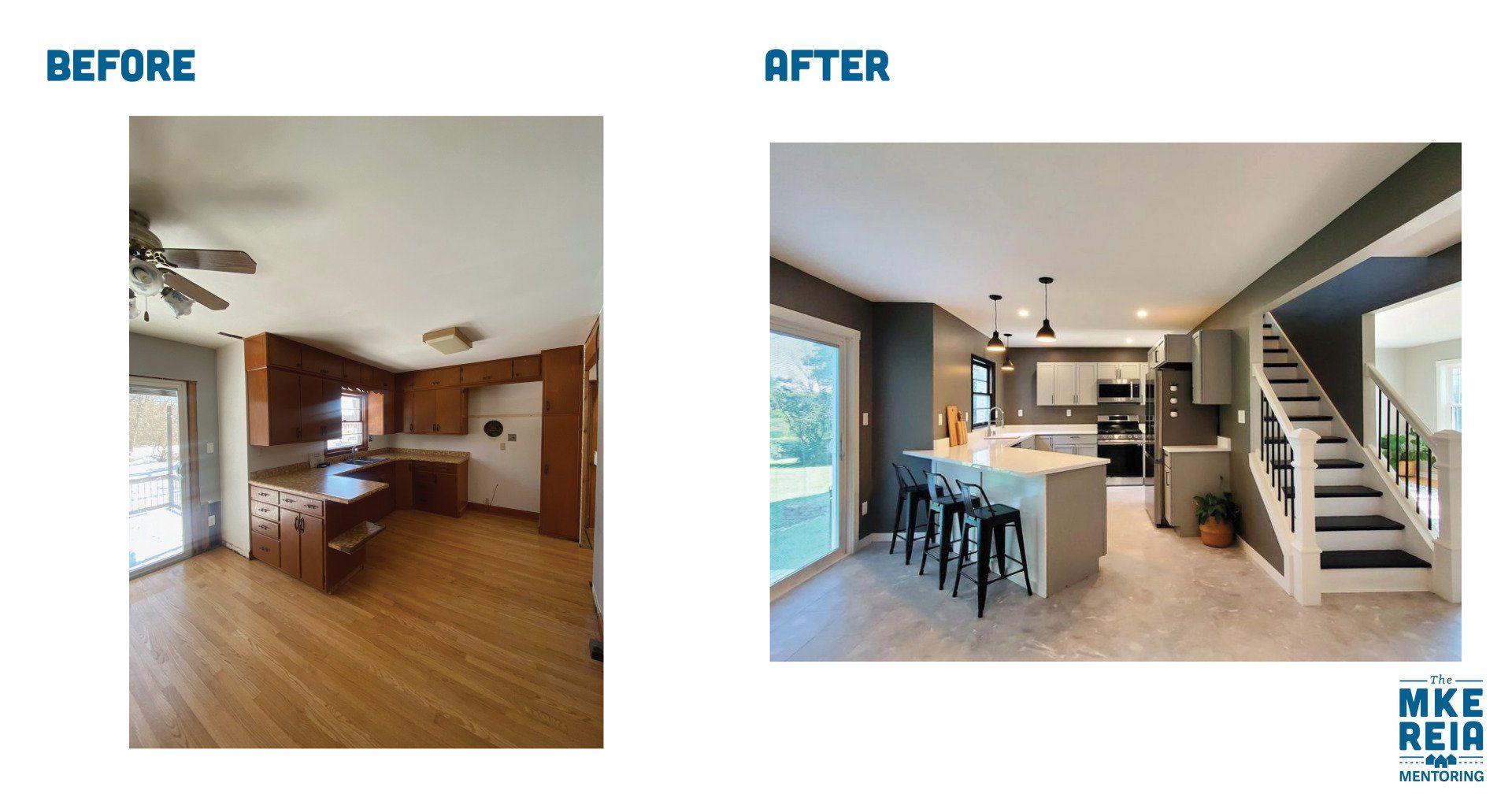 A before and after photo of a kitchen and stairs
