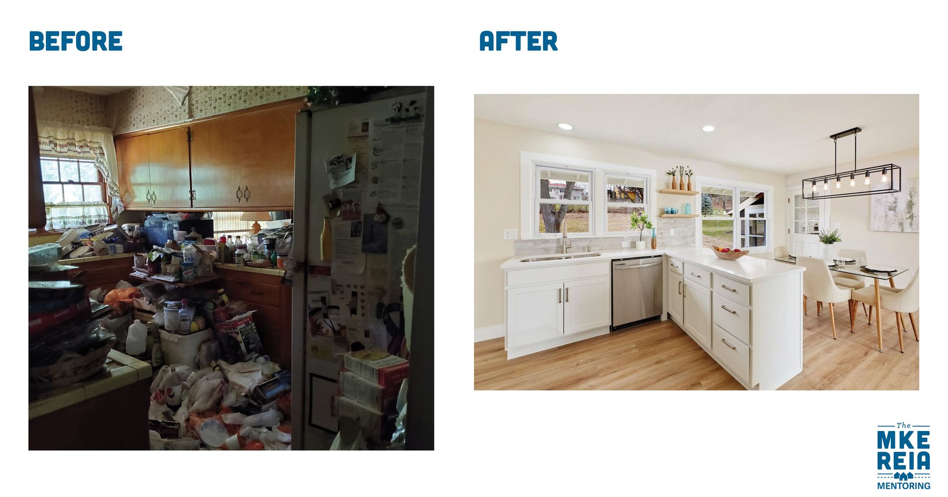 There is a before and after picture of a kitchen.
