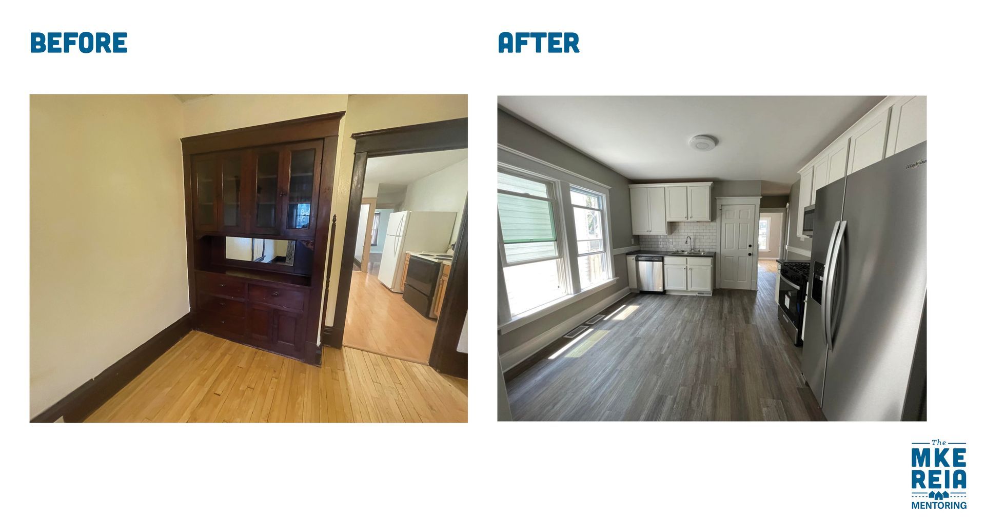 A before and after photo of a living room and kitchen