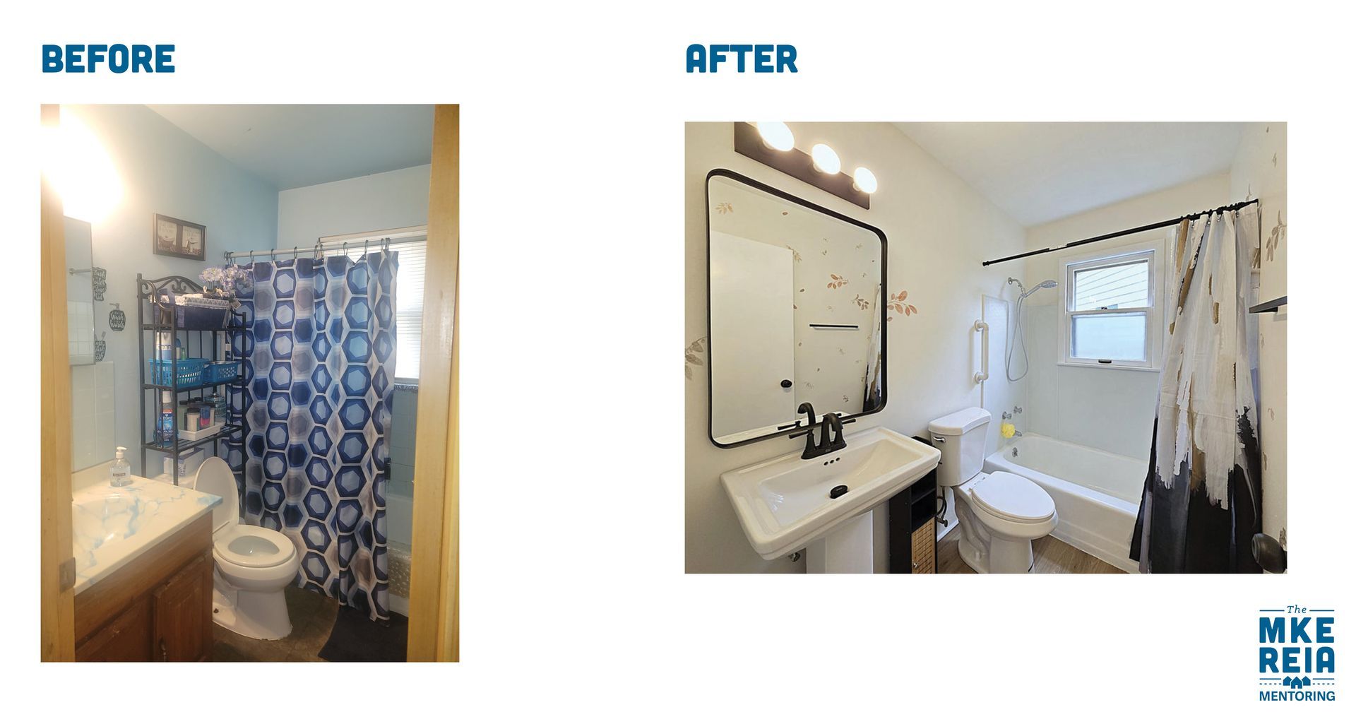 A before and after picture of a bathroom