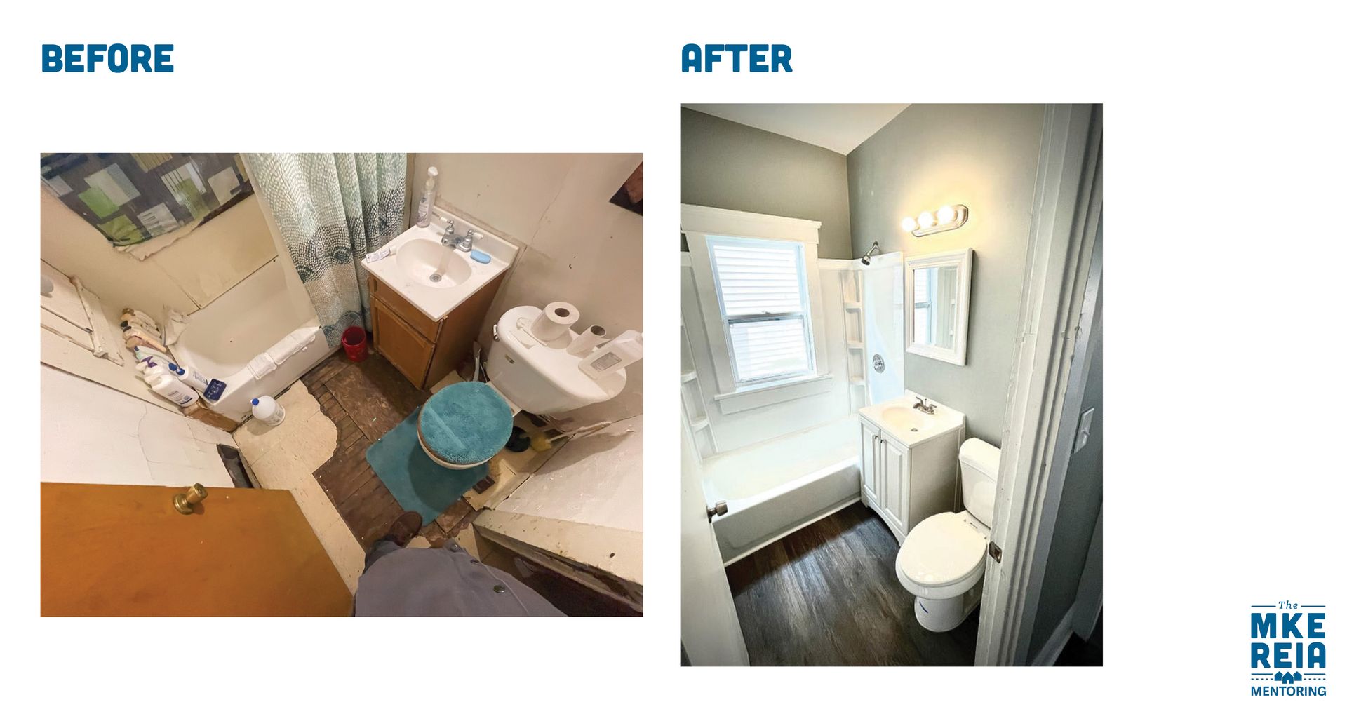 A before and after picture of a bathroom with a sink and toilet