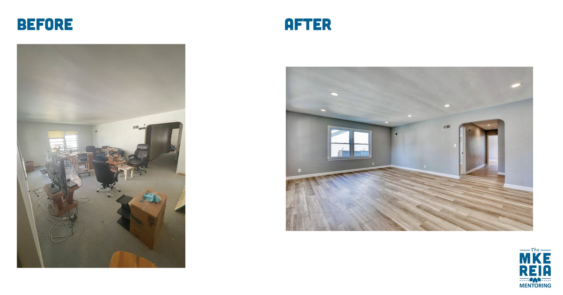 Before and after photos of a living room renovation