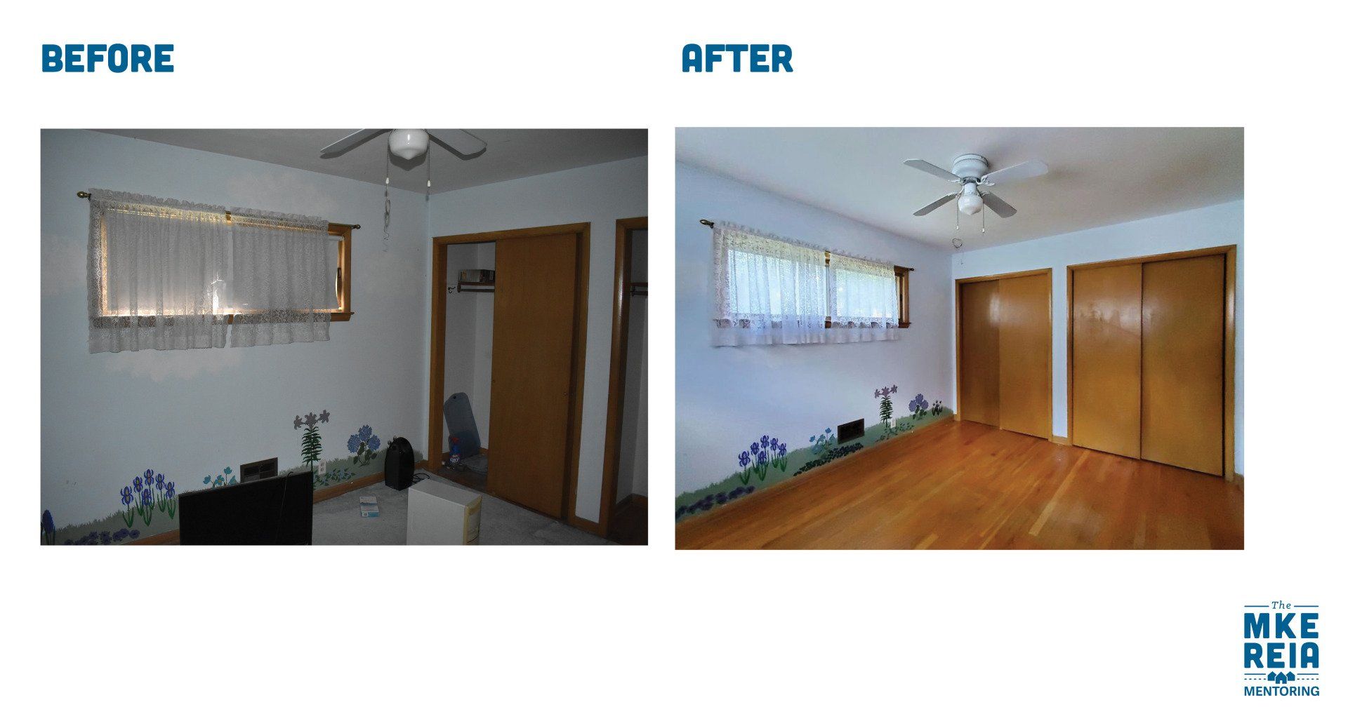 A before and after photo of a bedroom with a ceiling fan