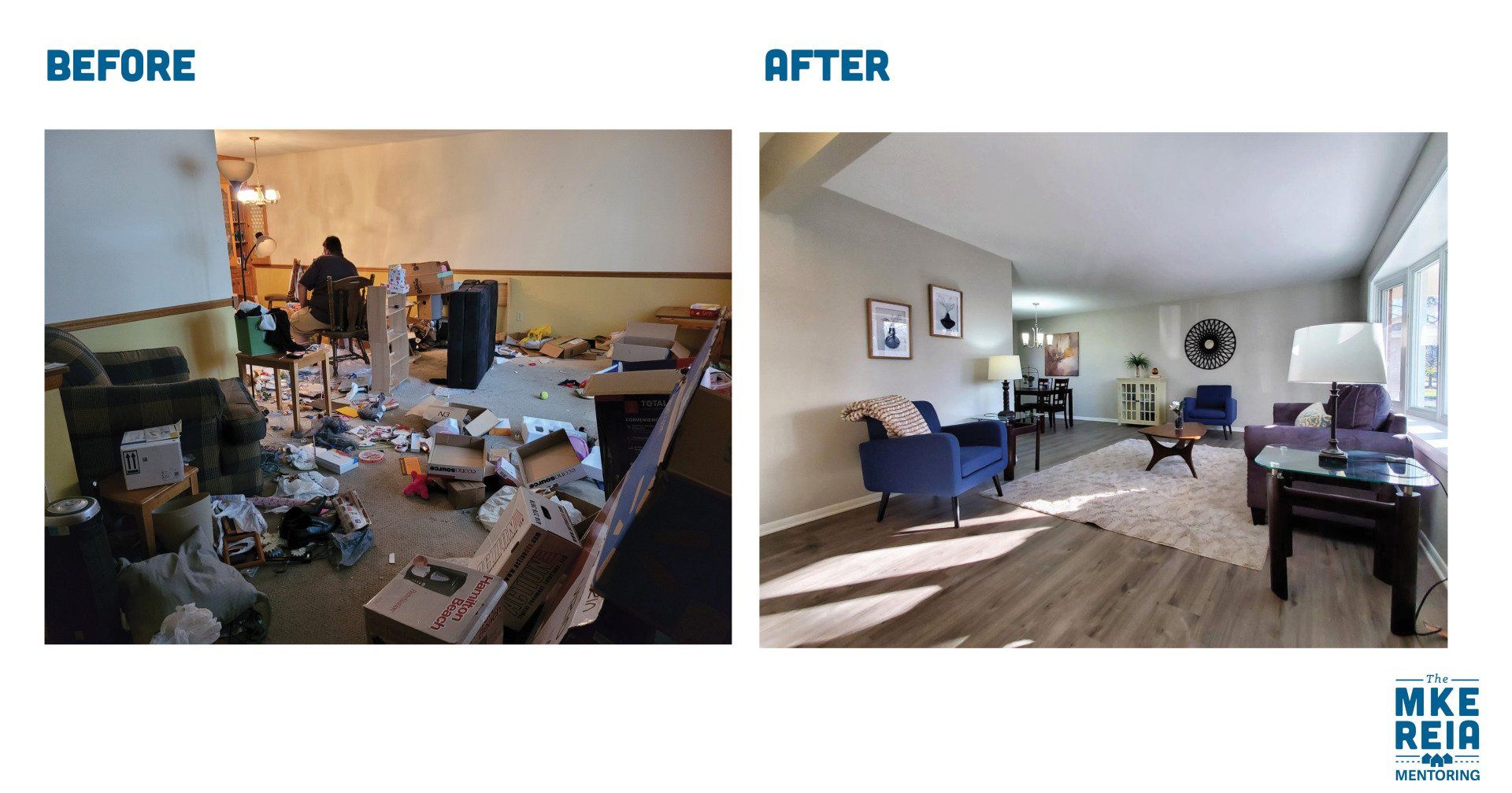 A before and after photo of a living room.