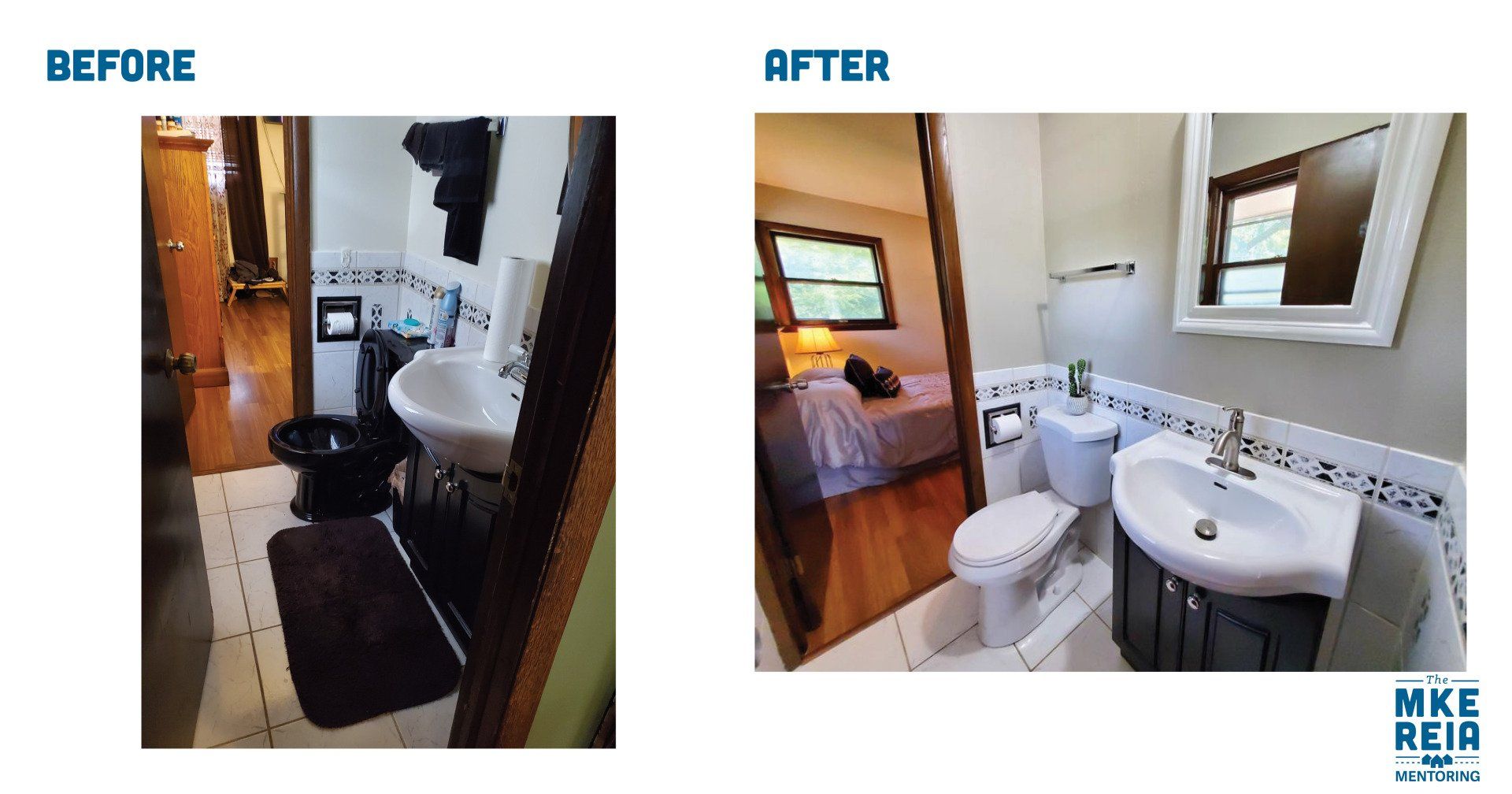 A before and after photo of a bathroom with a sink and toilet
