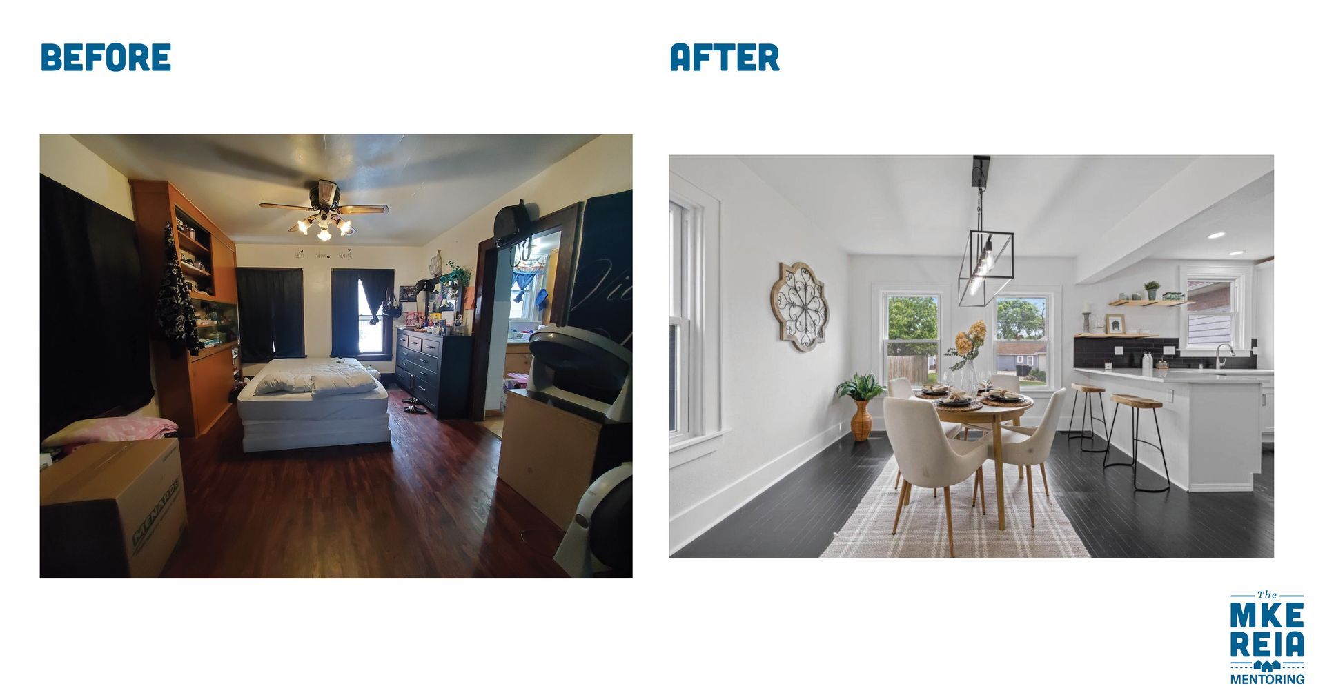 A before and after photo of a living room and dining room.
