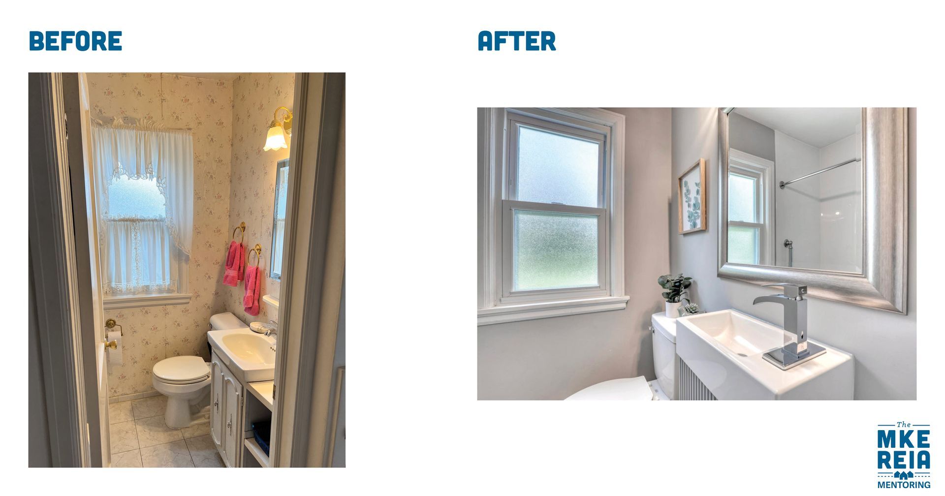 A before and after picture of a bathroom with a toilet and sink
