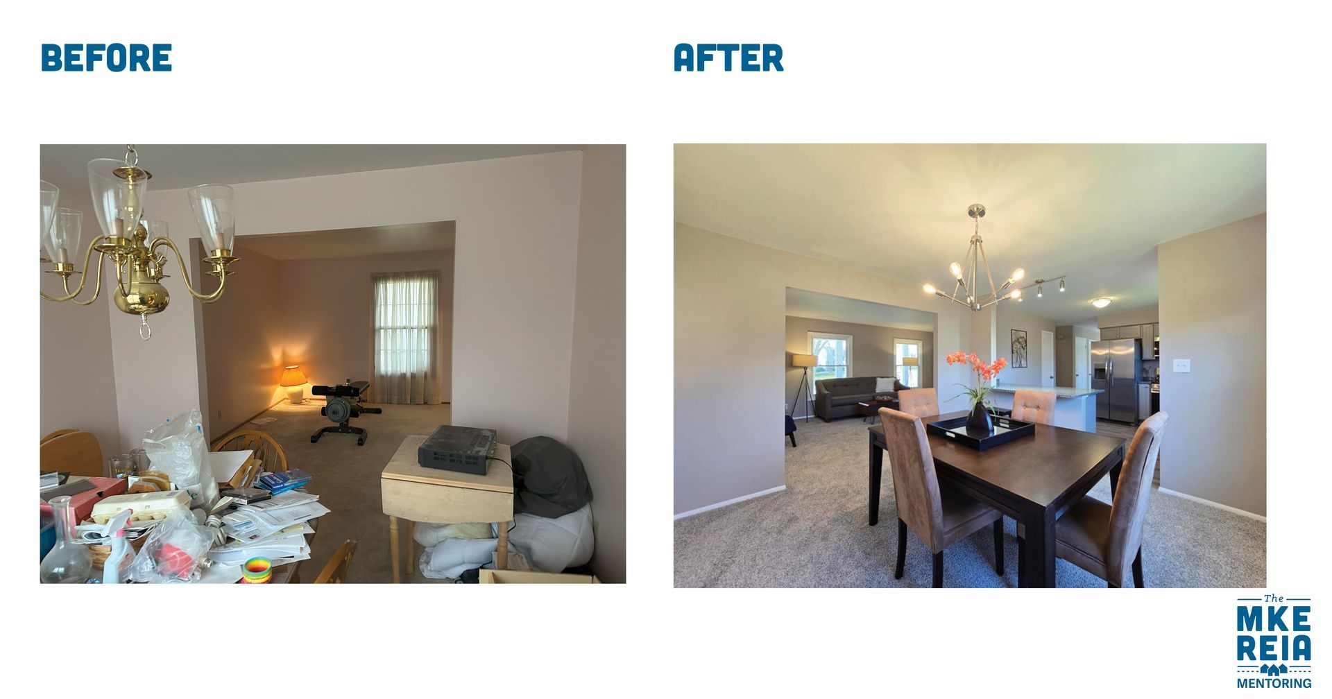 A before and after photo of a living room and dining room