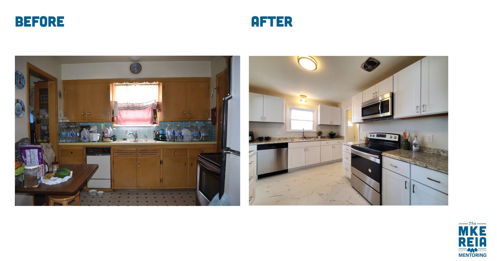 A before and after picture of a kitchen