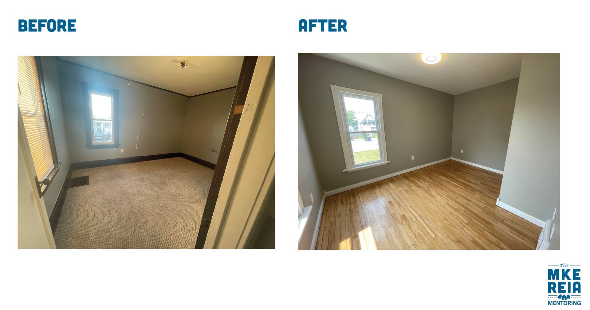 A before and after photo of a room with carpet and hardwood floors.