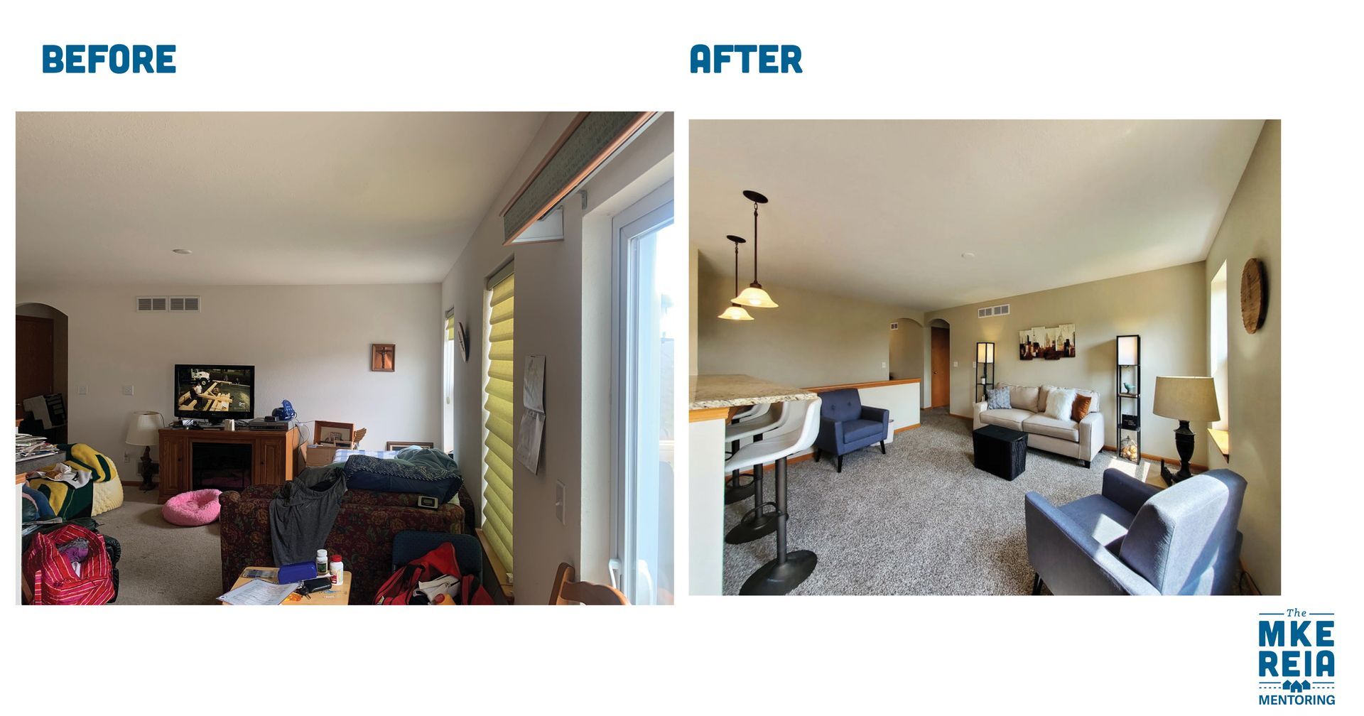 A before and after photo of a living room