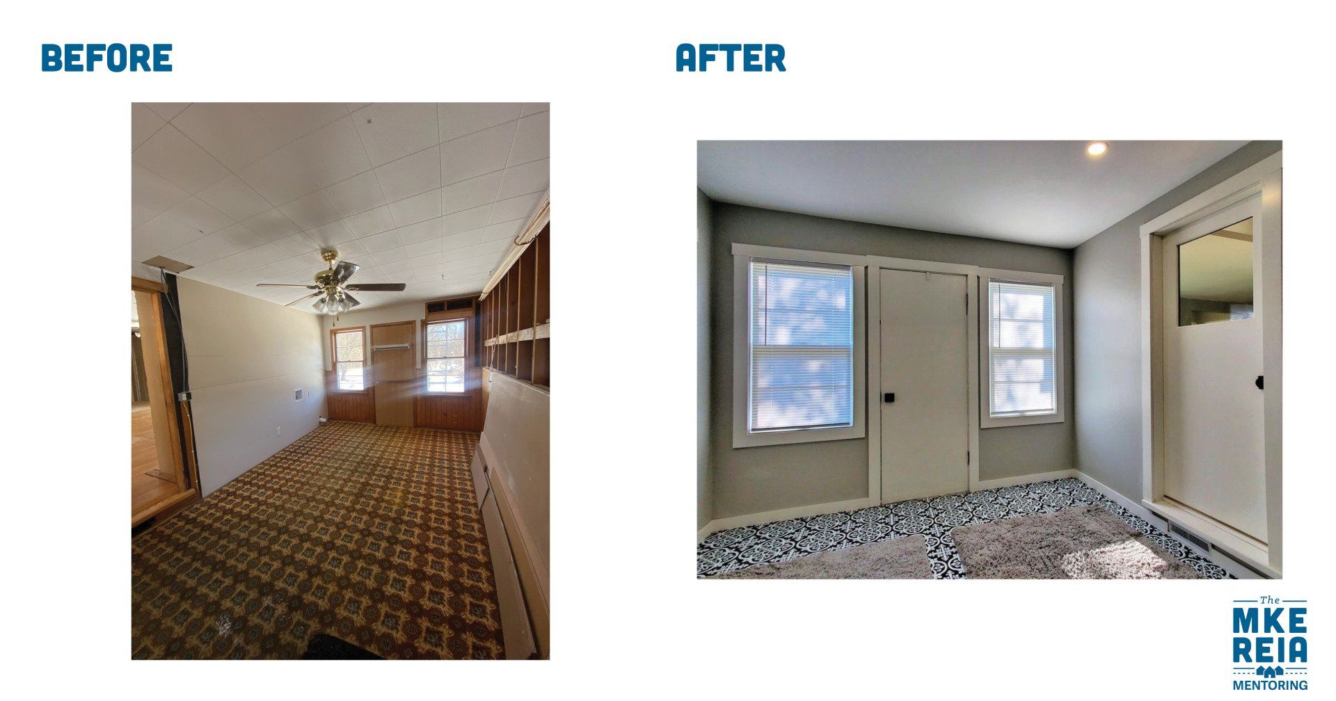 A before and after photo of a living room with a ceiling fan.