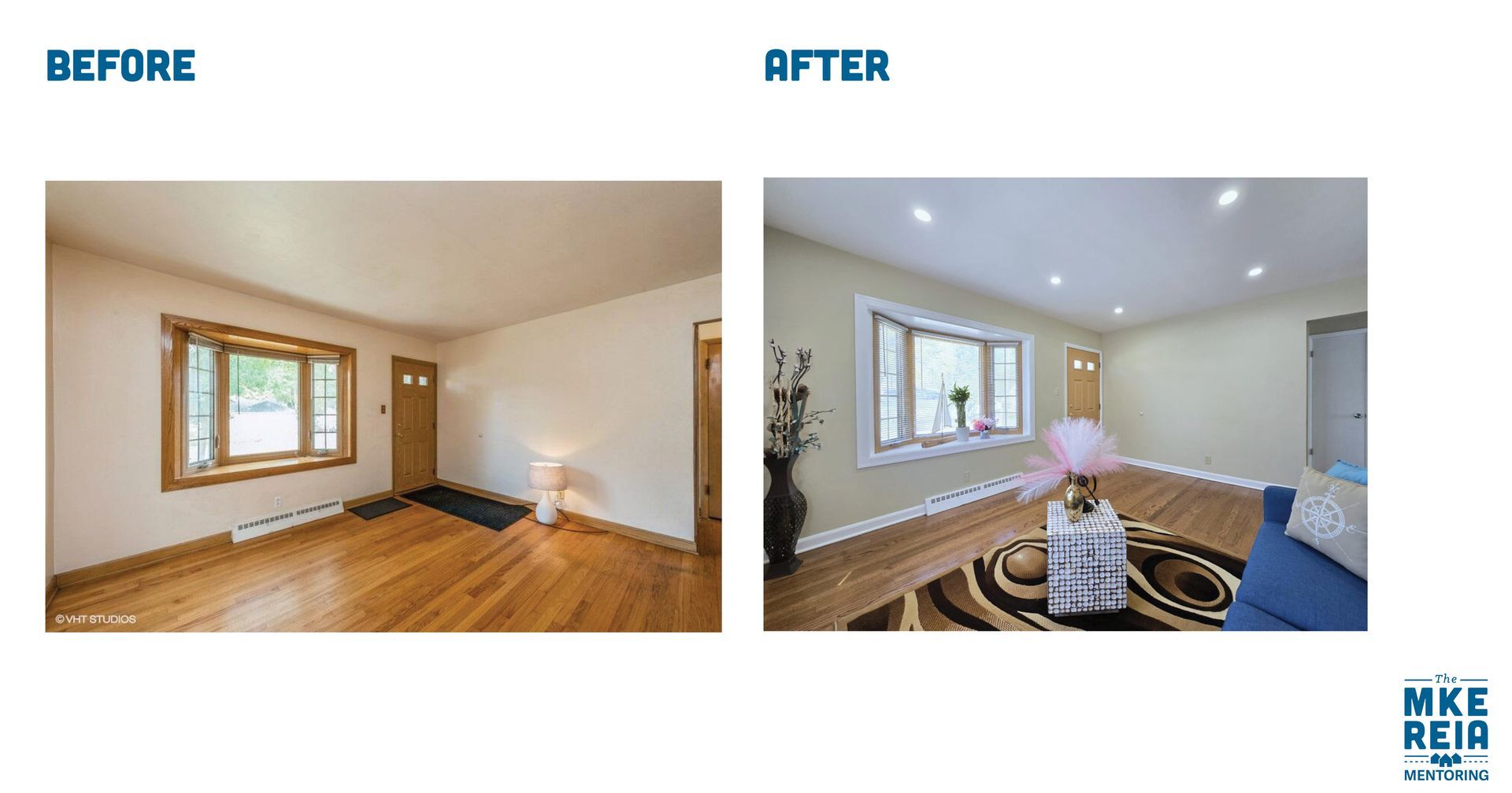 A before and after photo of a living room