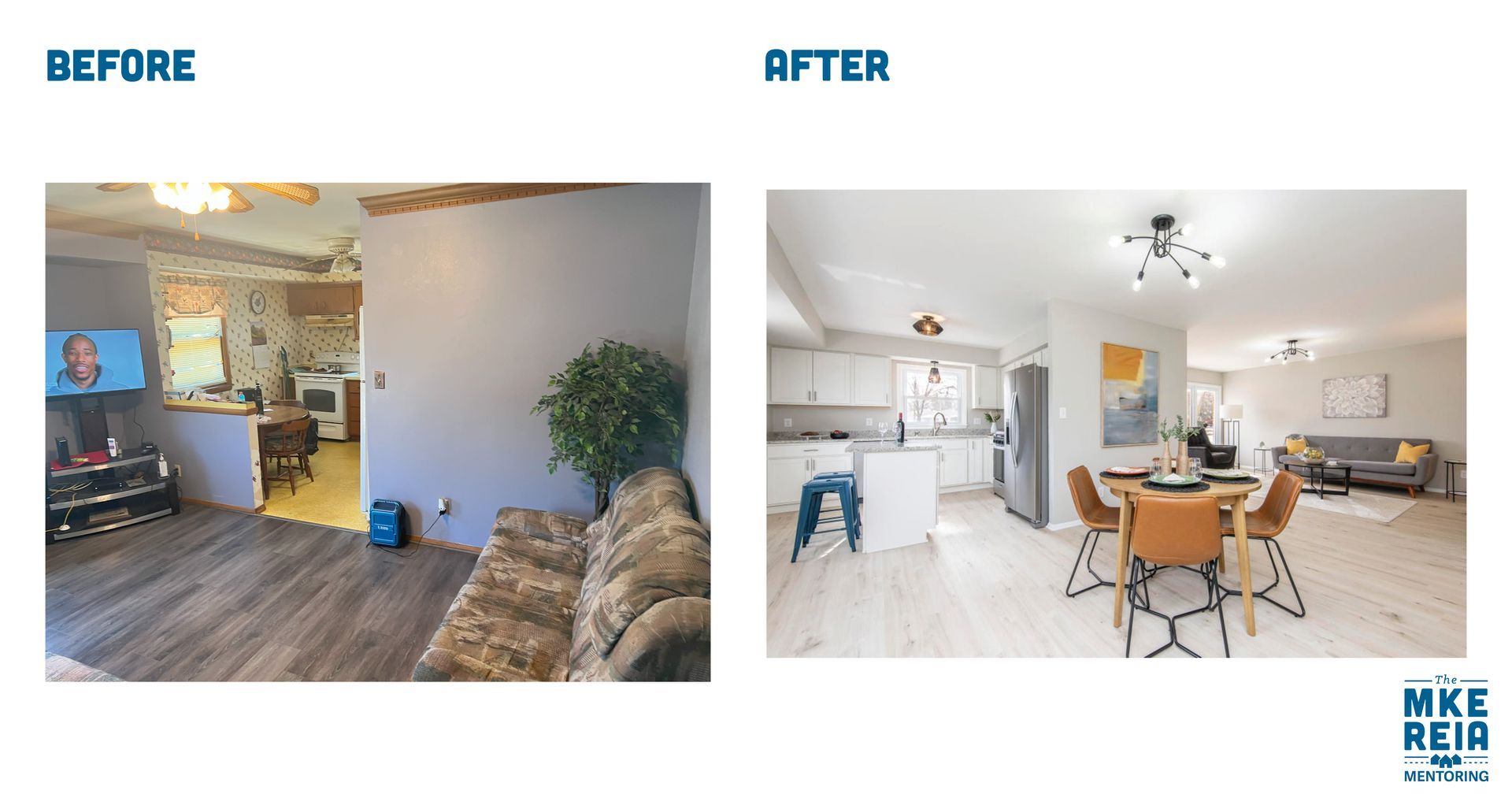 A before and after photo of a living room and dining room.