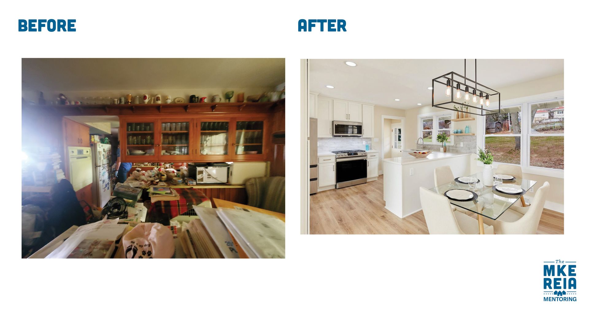 A before and after photo of a kitchen and dining room