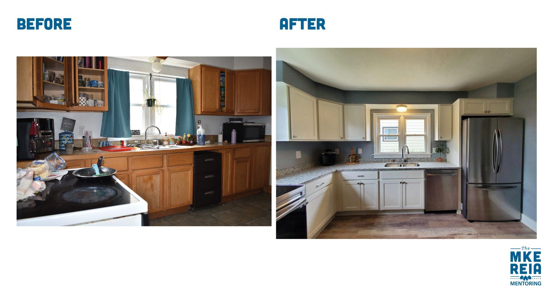 A before and after photo of a kitchen with stainless steel appliances