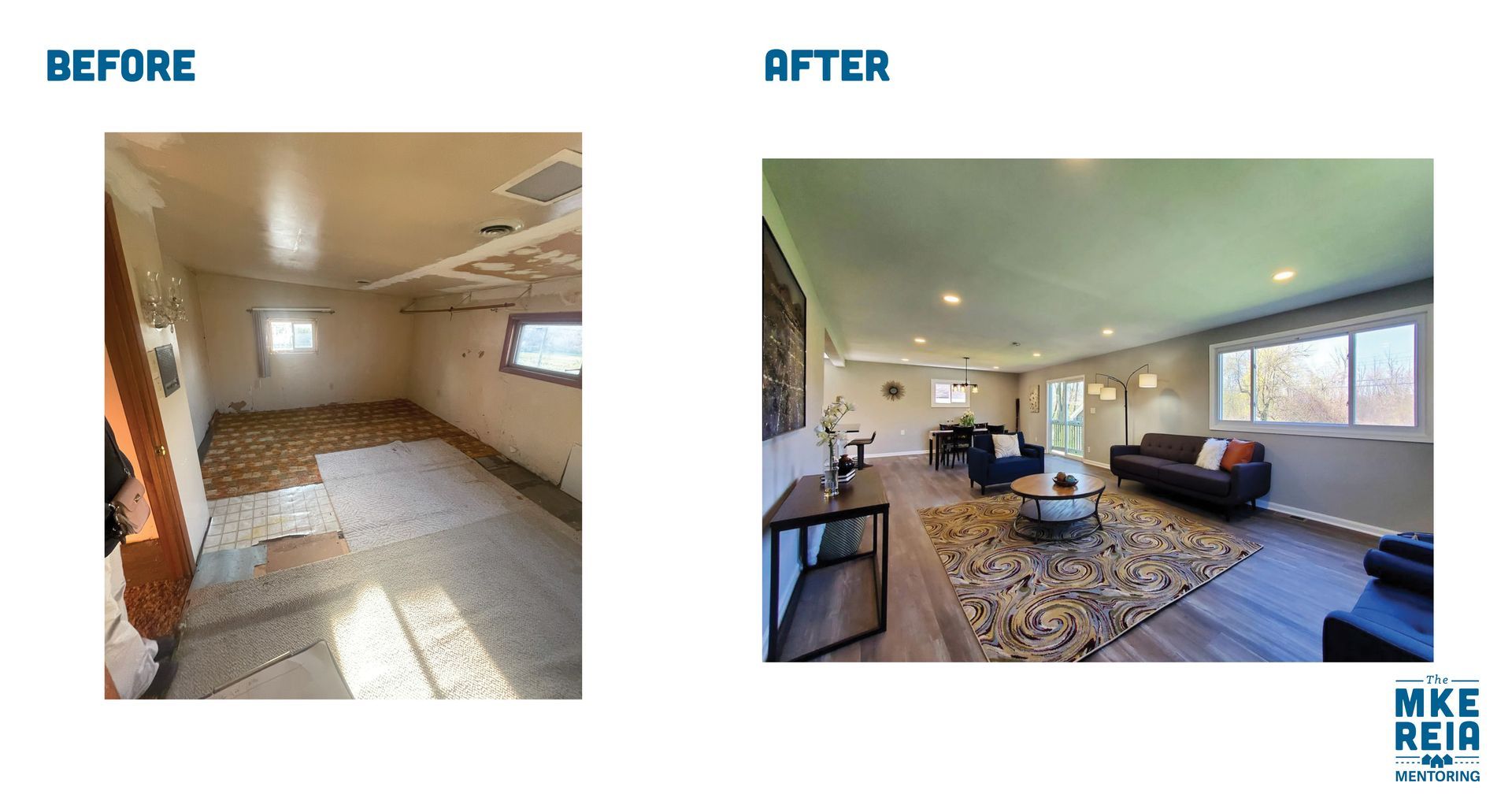 A before and after photo of a living room.
