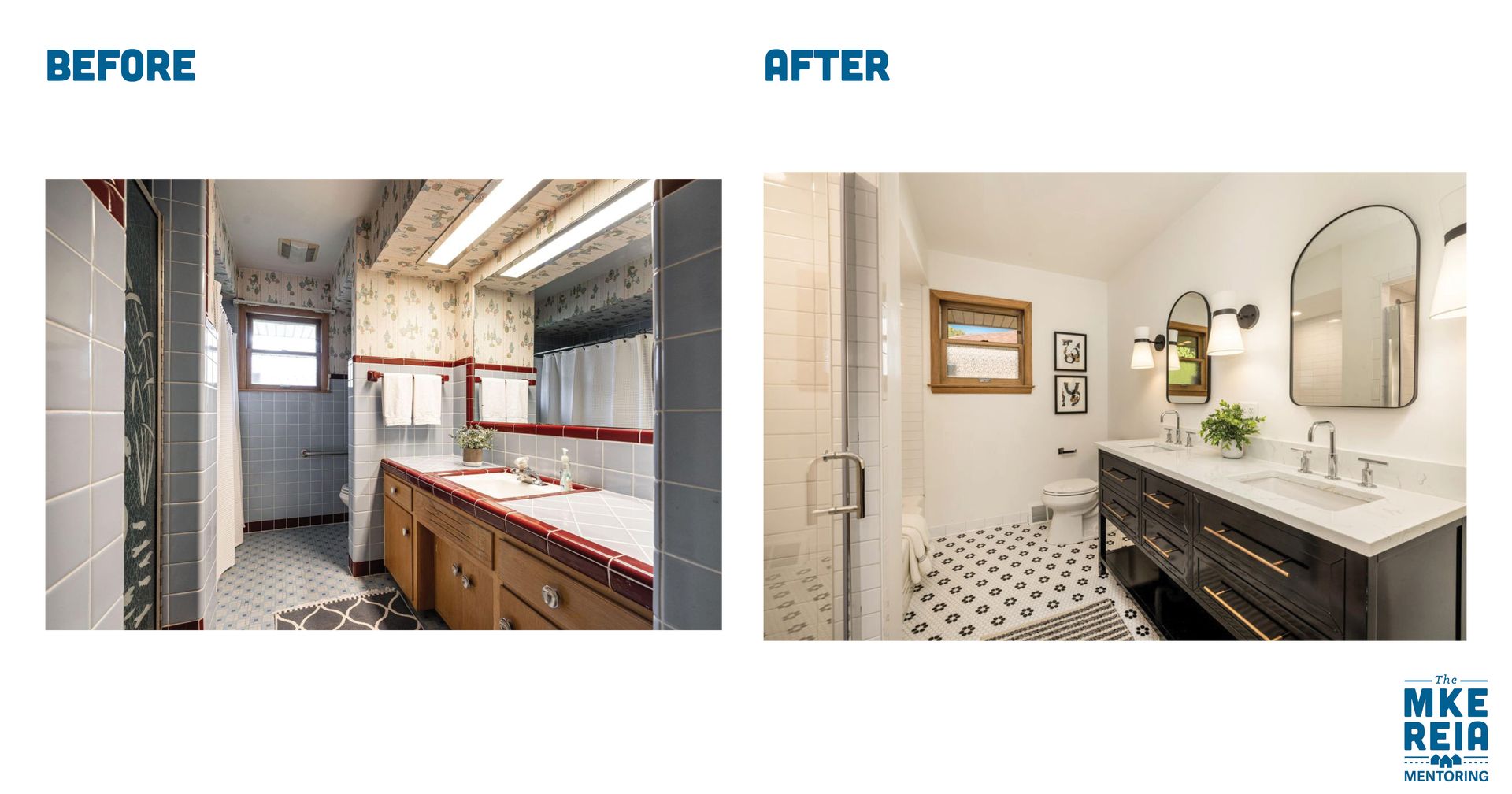 A before and after picture of a bathroom with two sinks