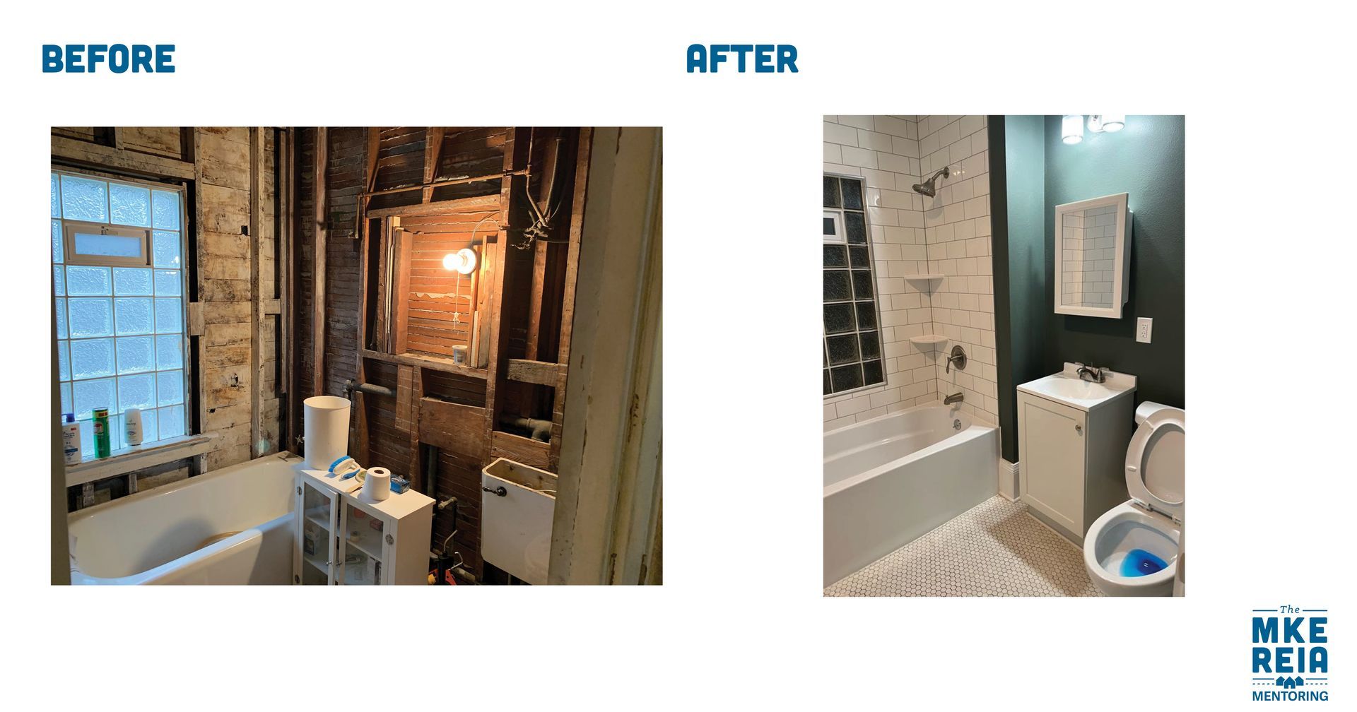 A before and after picture of a bathroom