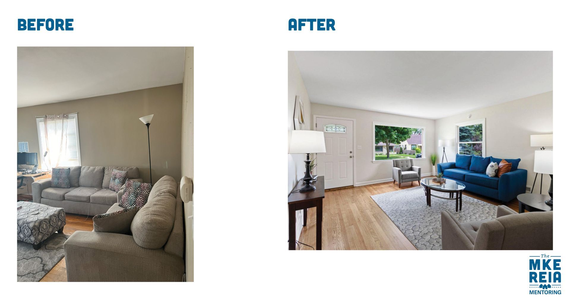 A before and after photo of a living room with a blue couch