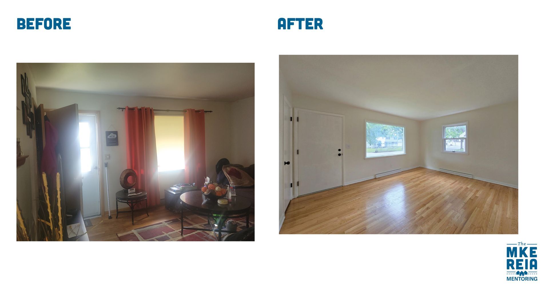 A before and after photo of a living room