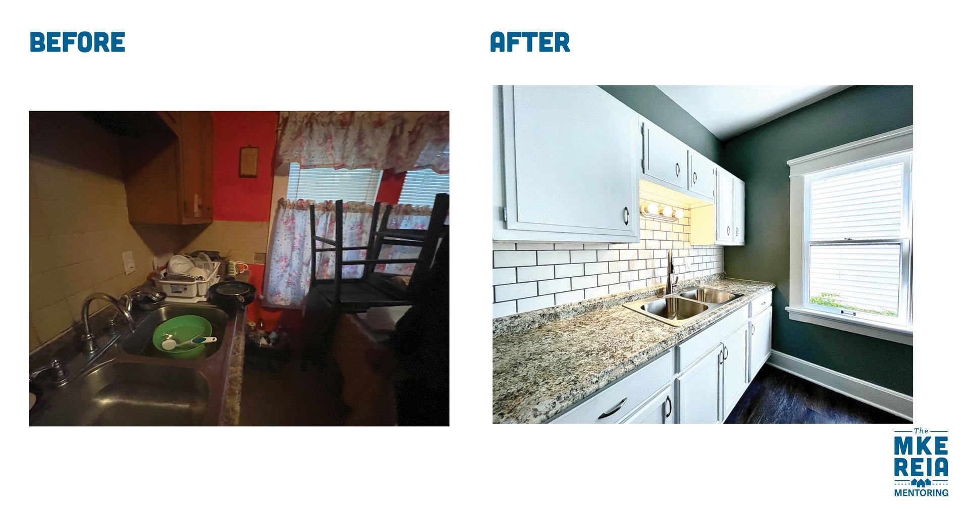 A before and after picture of a kitchen with granite counter tops