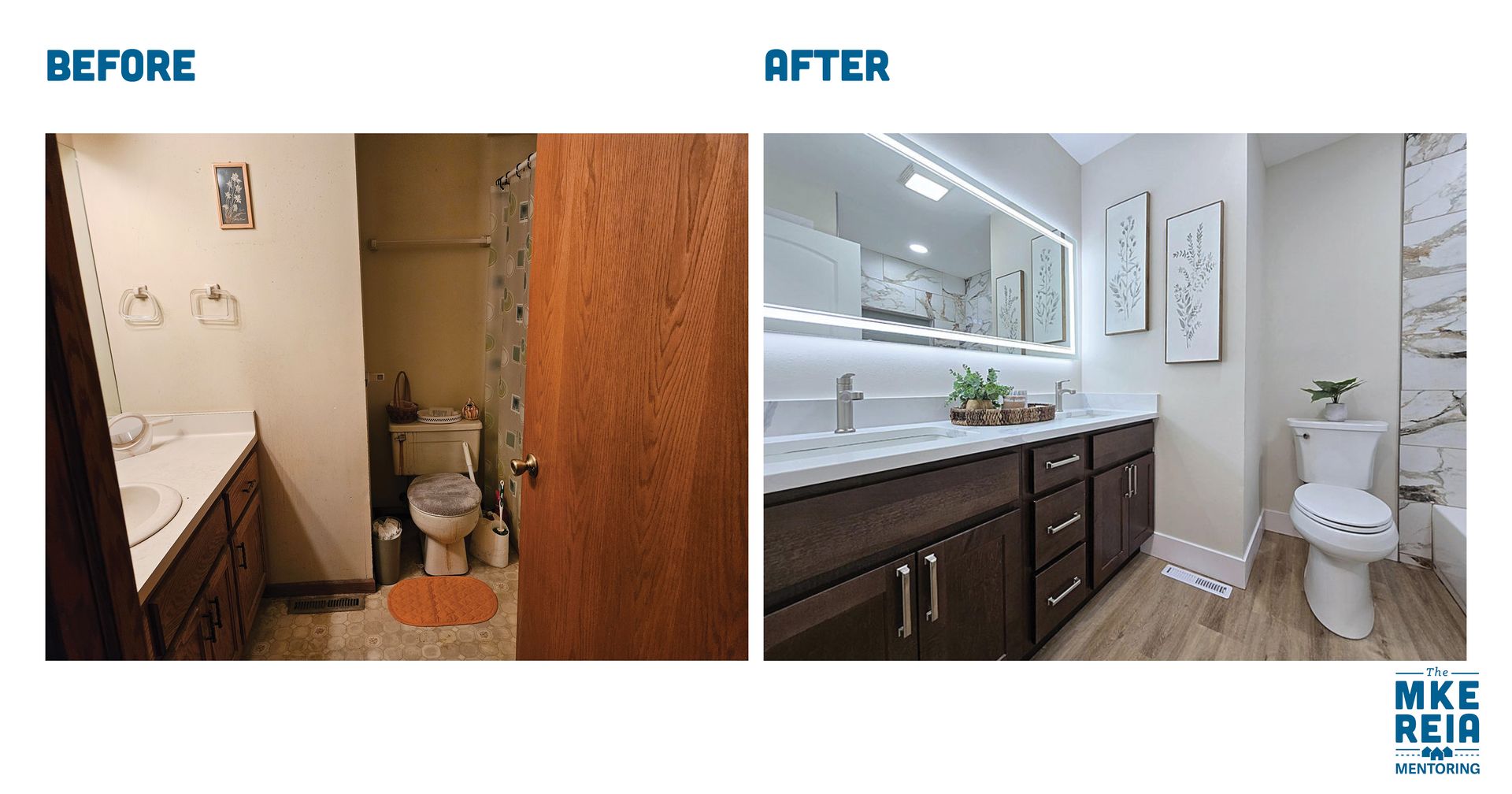 Before and after photos of a bathroom renovation