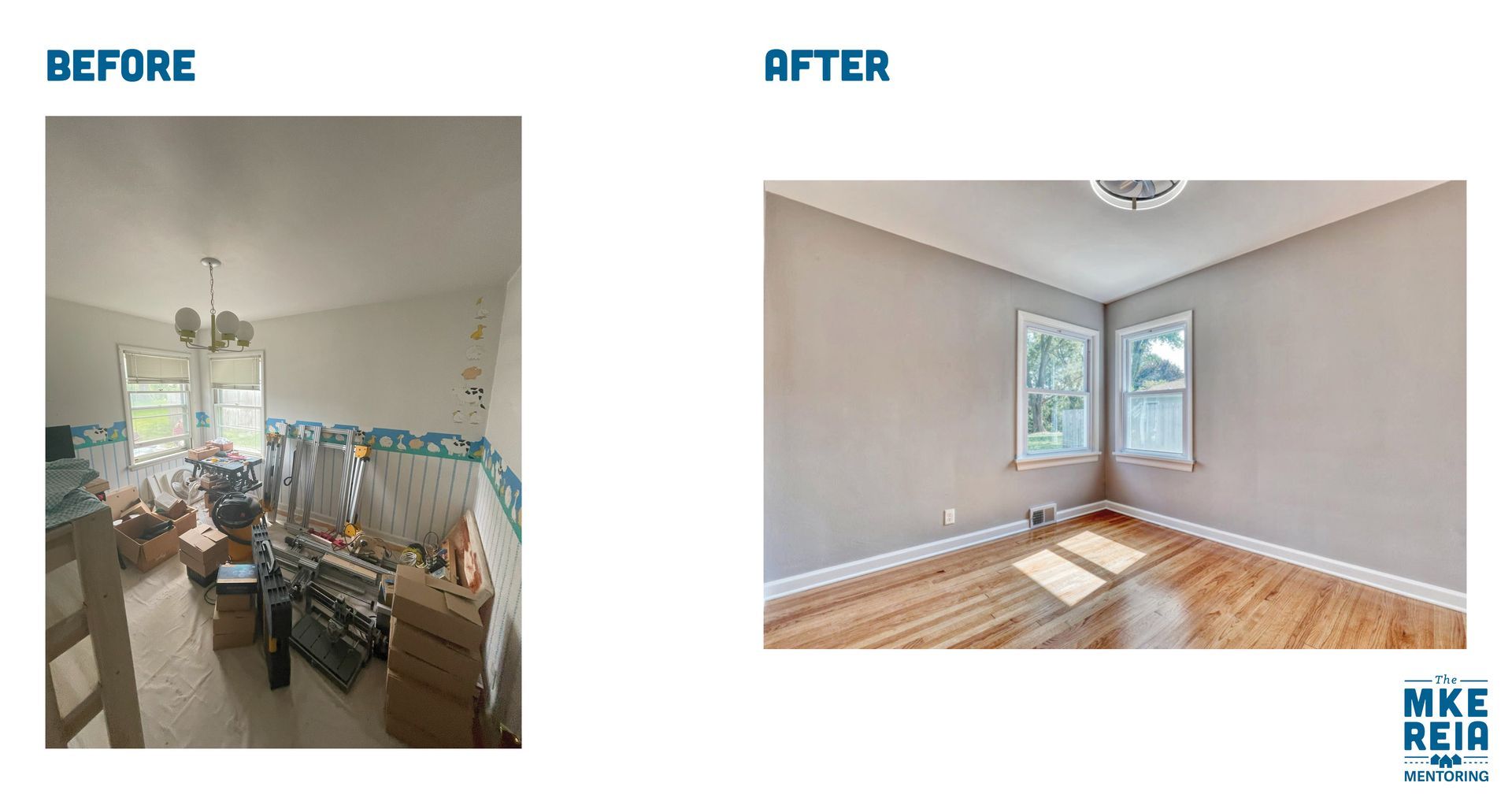 Before and after photos of a bedroom renovation