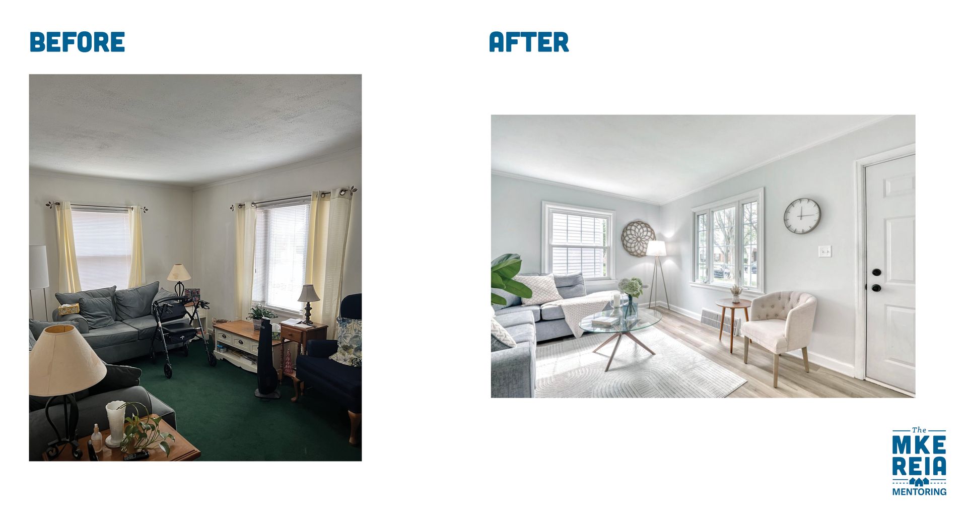 There is a before and after picture of a living room.