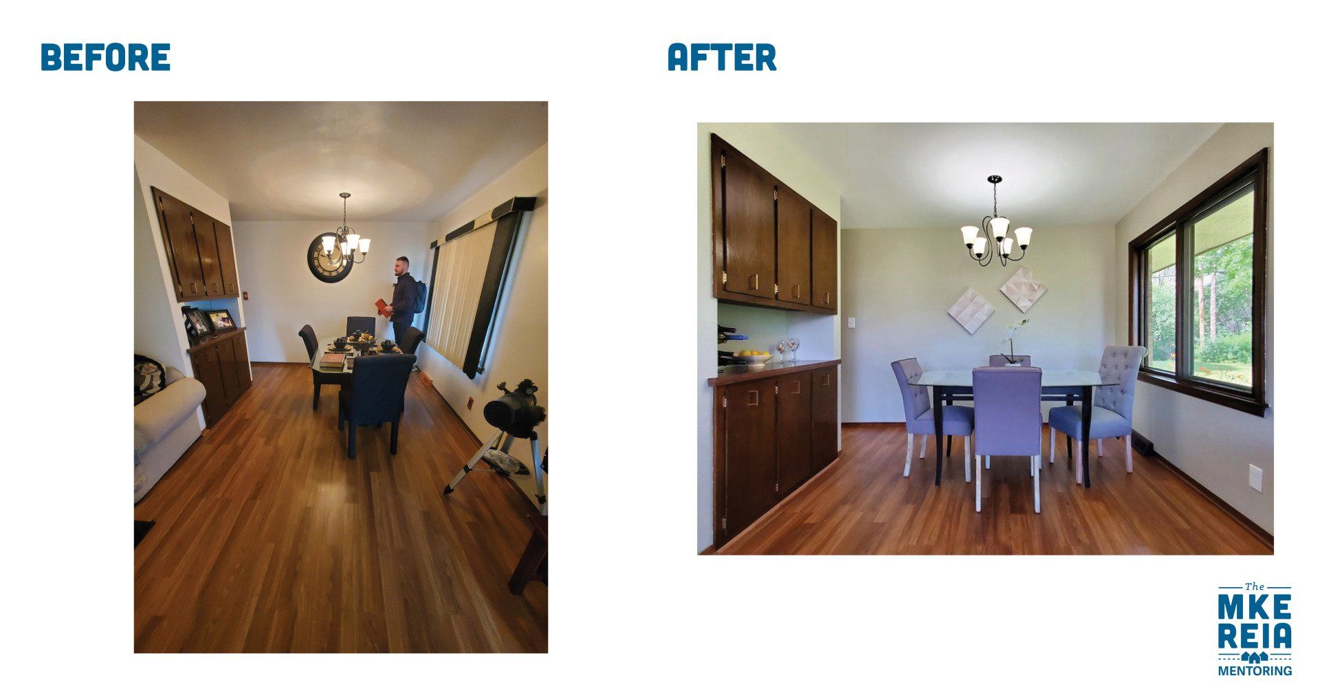 A before and after photo of a dining room
