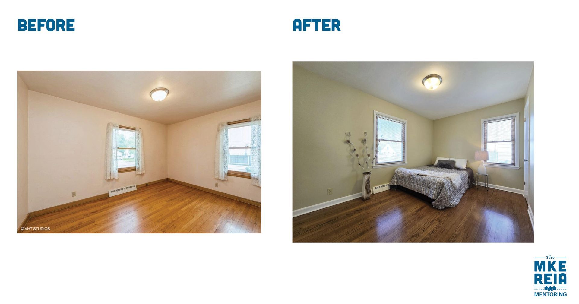 A before and after photo of a bedroom with a bed