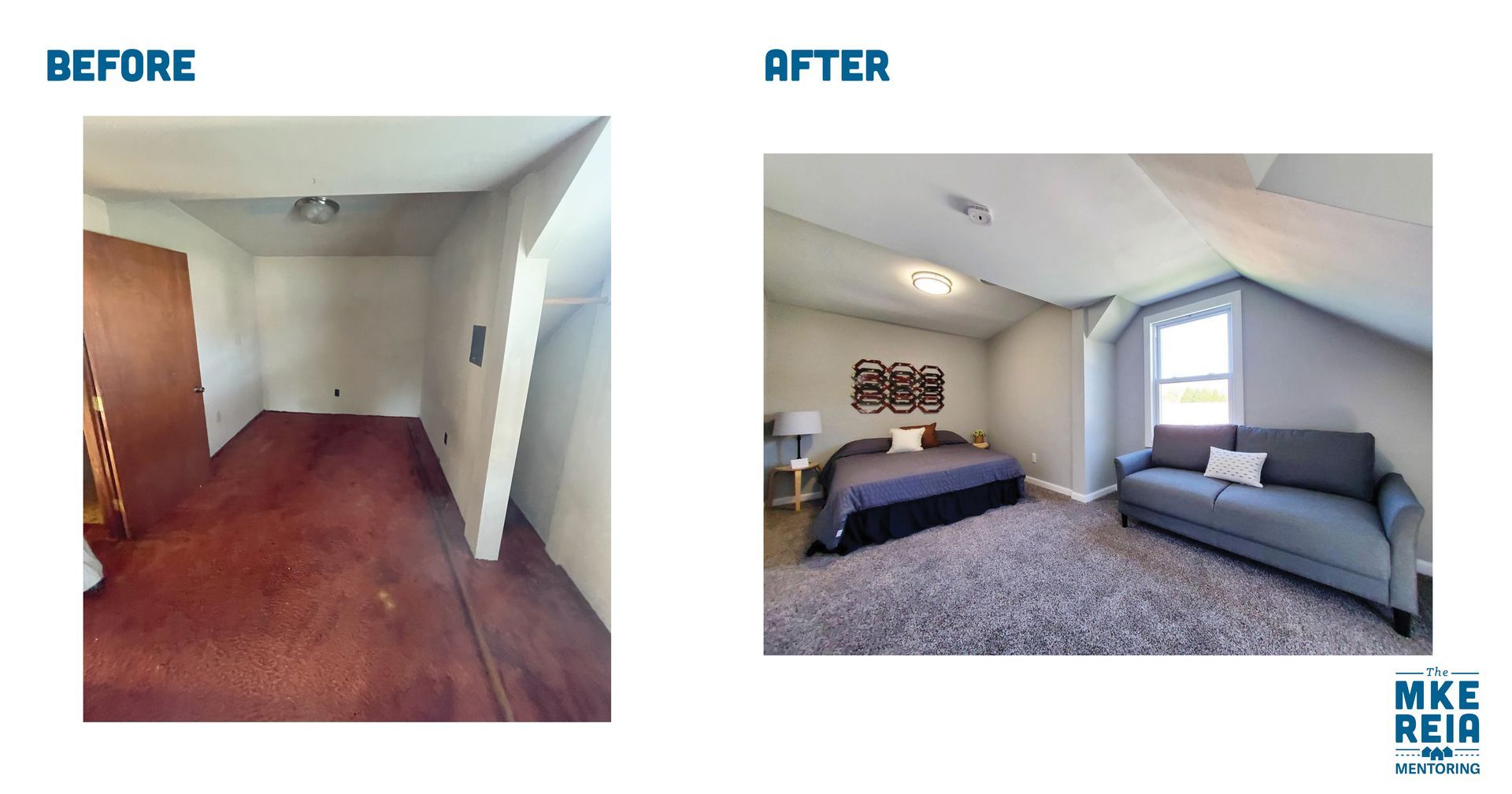 A before and after photo of a bedroom with a bed and a couch