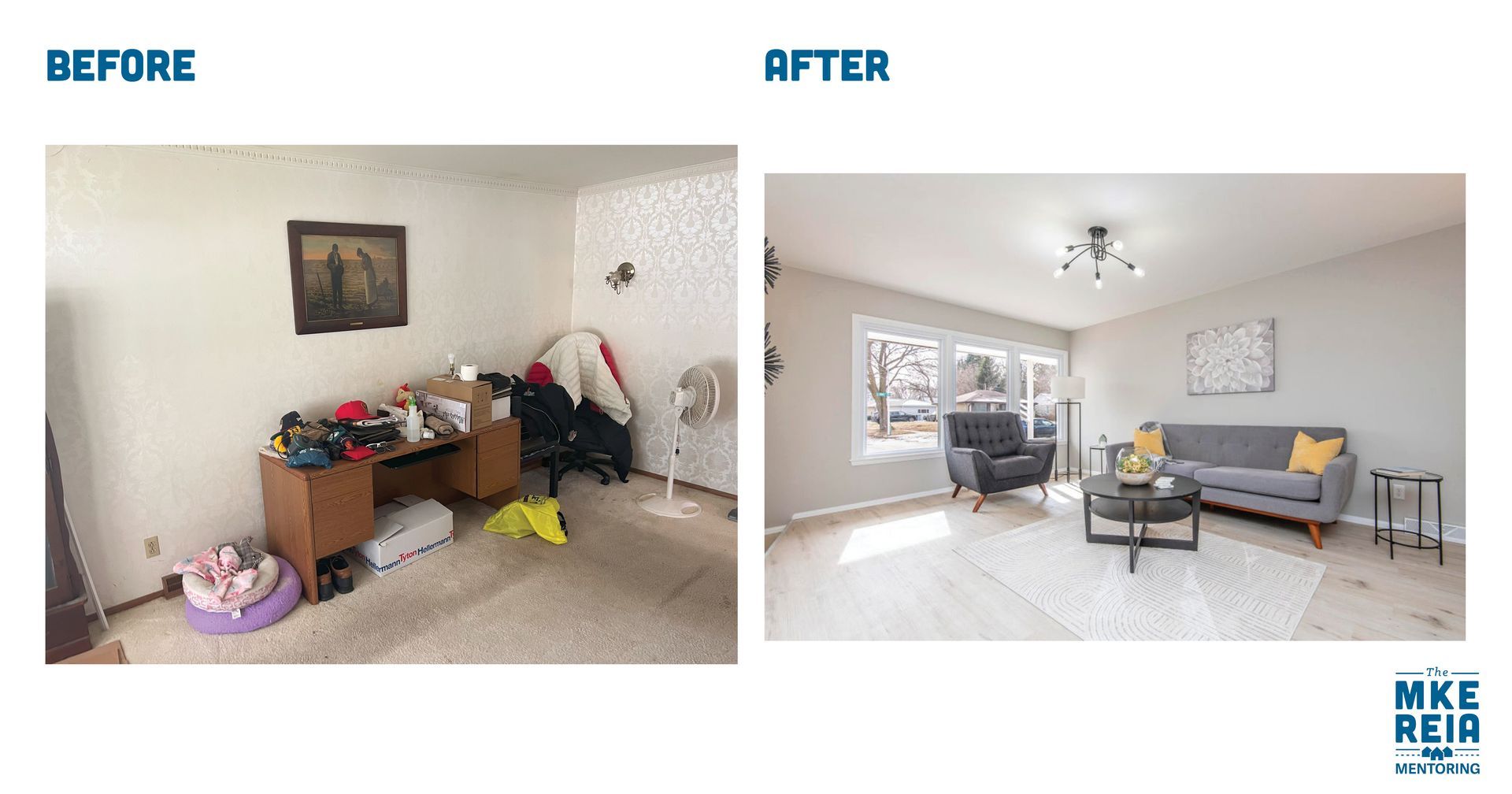 A before and after photo of a living room.