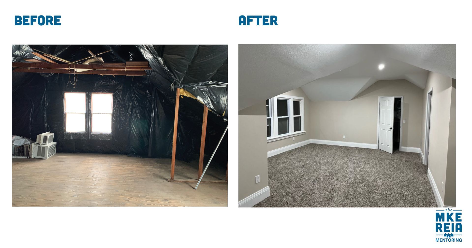 A before and after picture of a room with a carpeted floor.