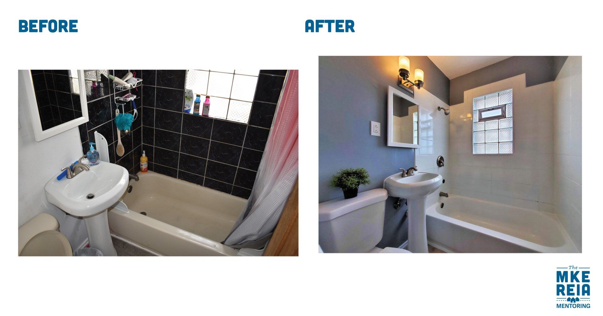 A before and after picture of a bathroom