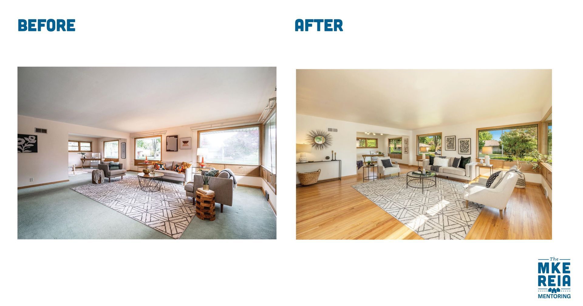 A before and after photo of a living room