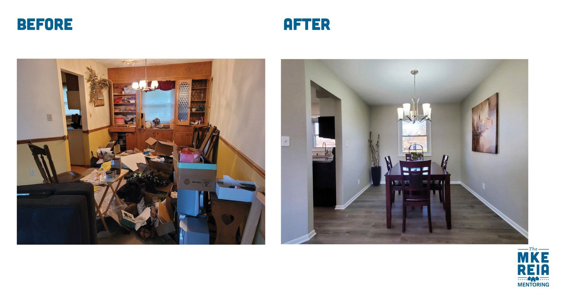 A before and after photo of a living room and dining room.