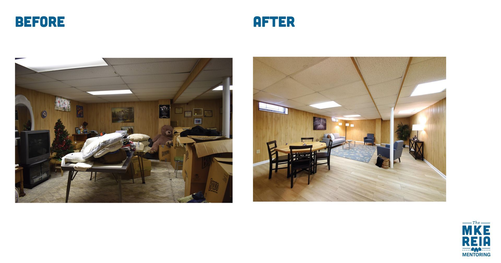 A before and after photo of a basement