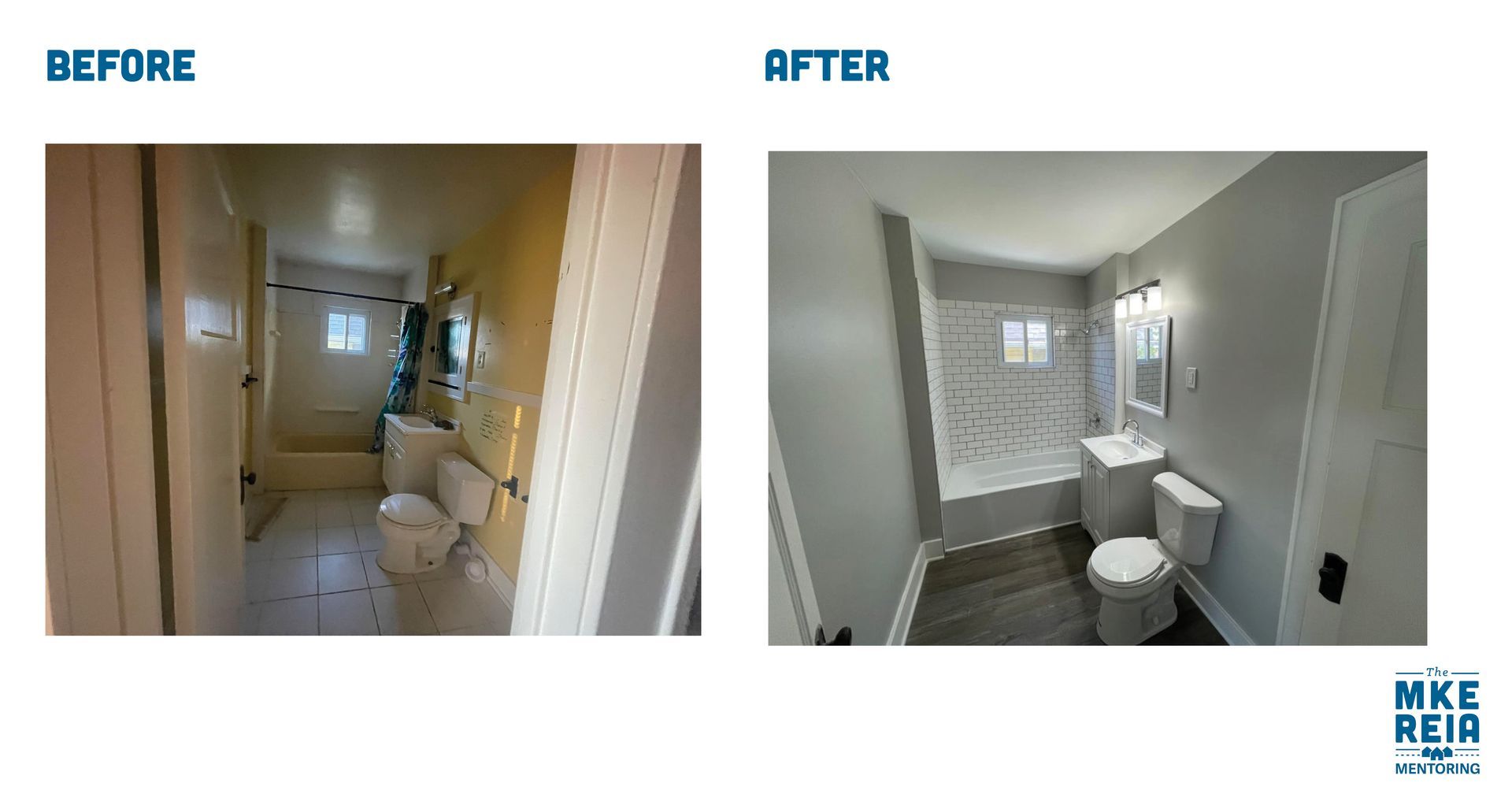 A before and after picture of a bathroom