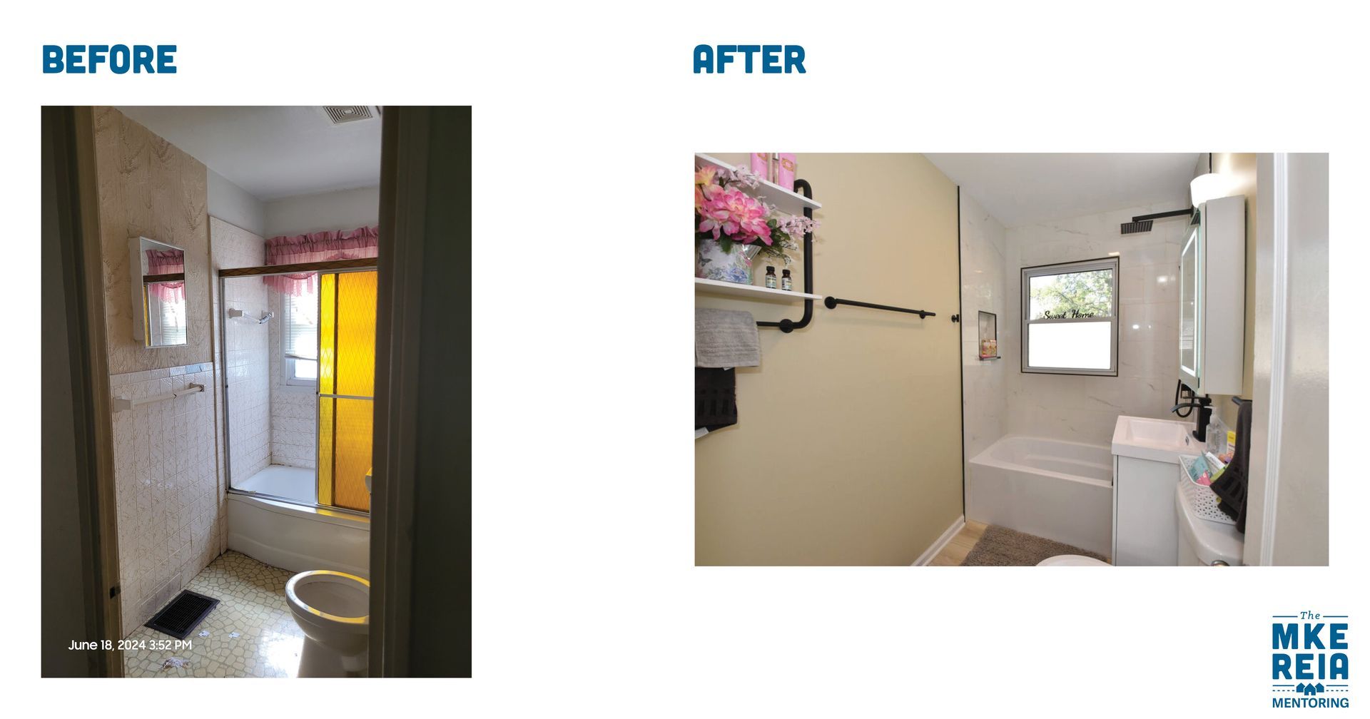 Before and after photos of a bathroom renovation