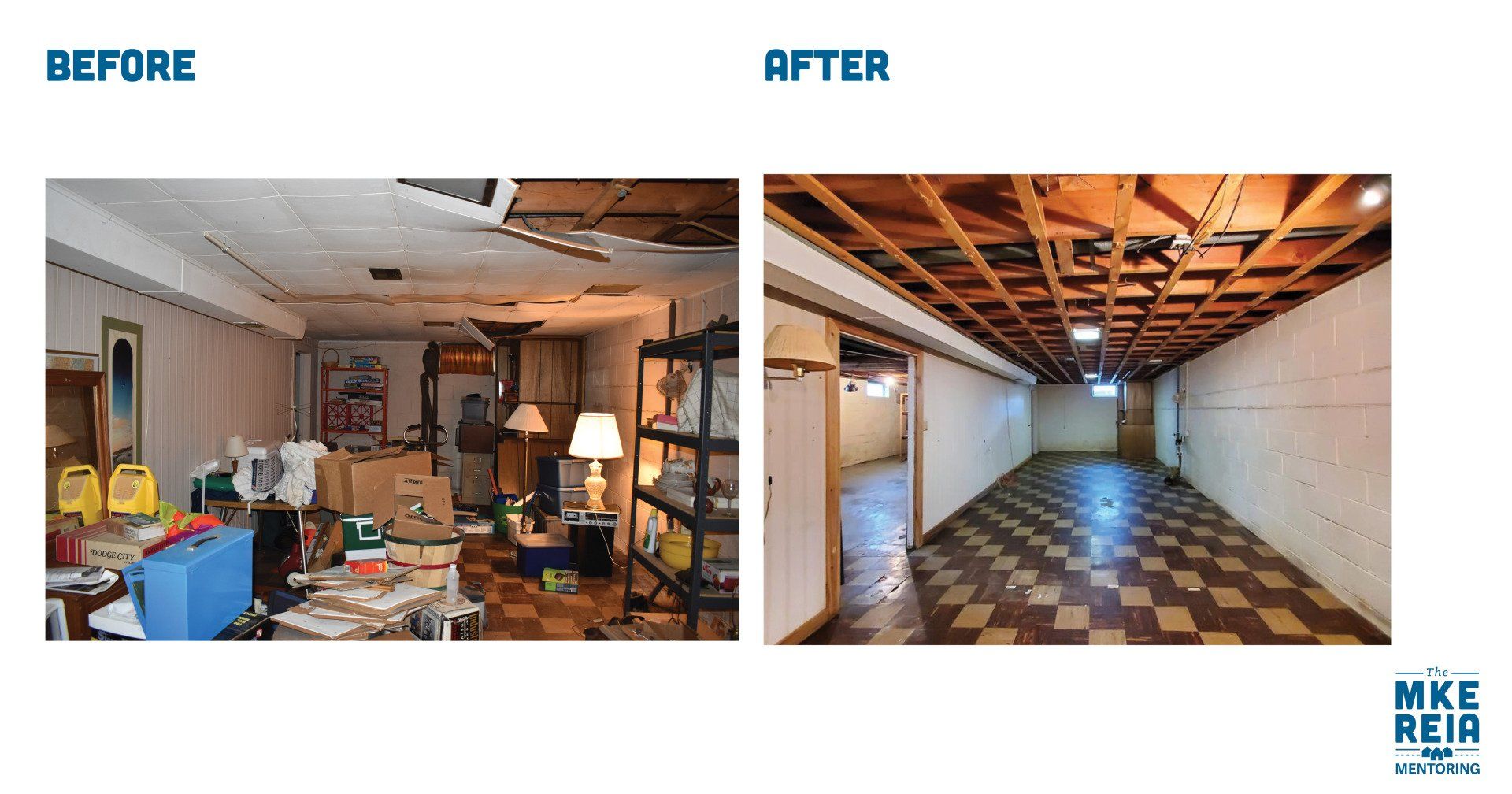 A before and after picture of a basement