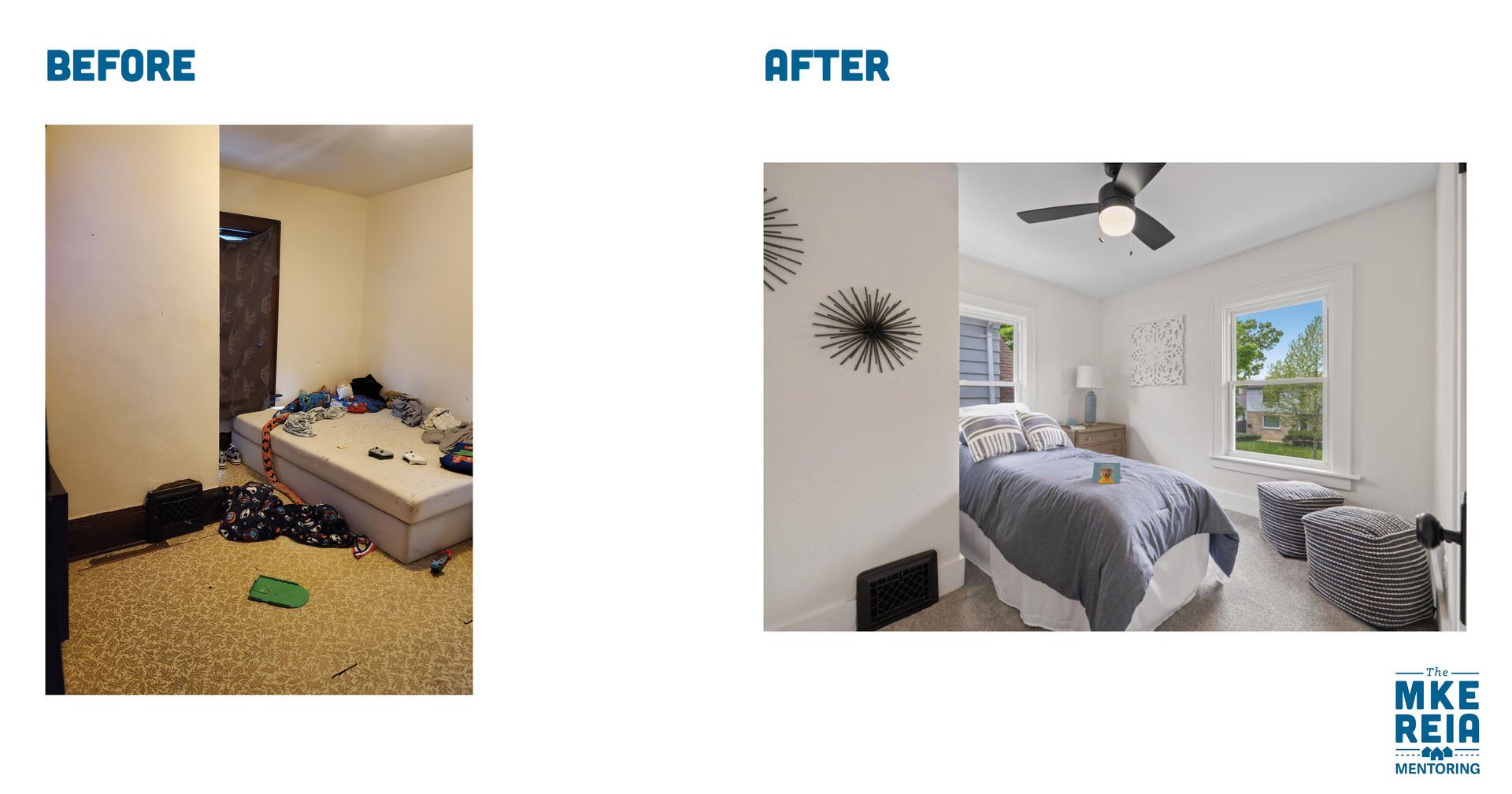 A before and after photo of a bedroom with a bed and a ceiling fan.